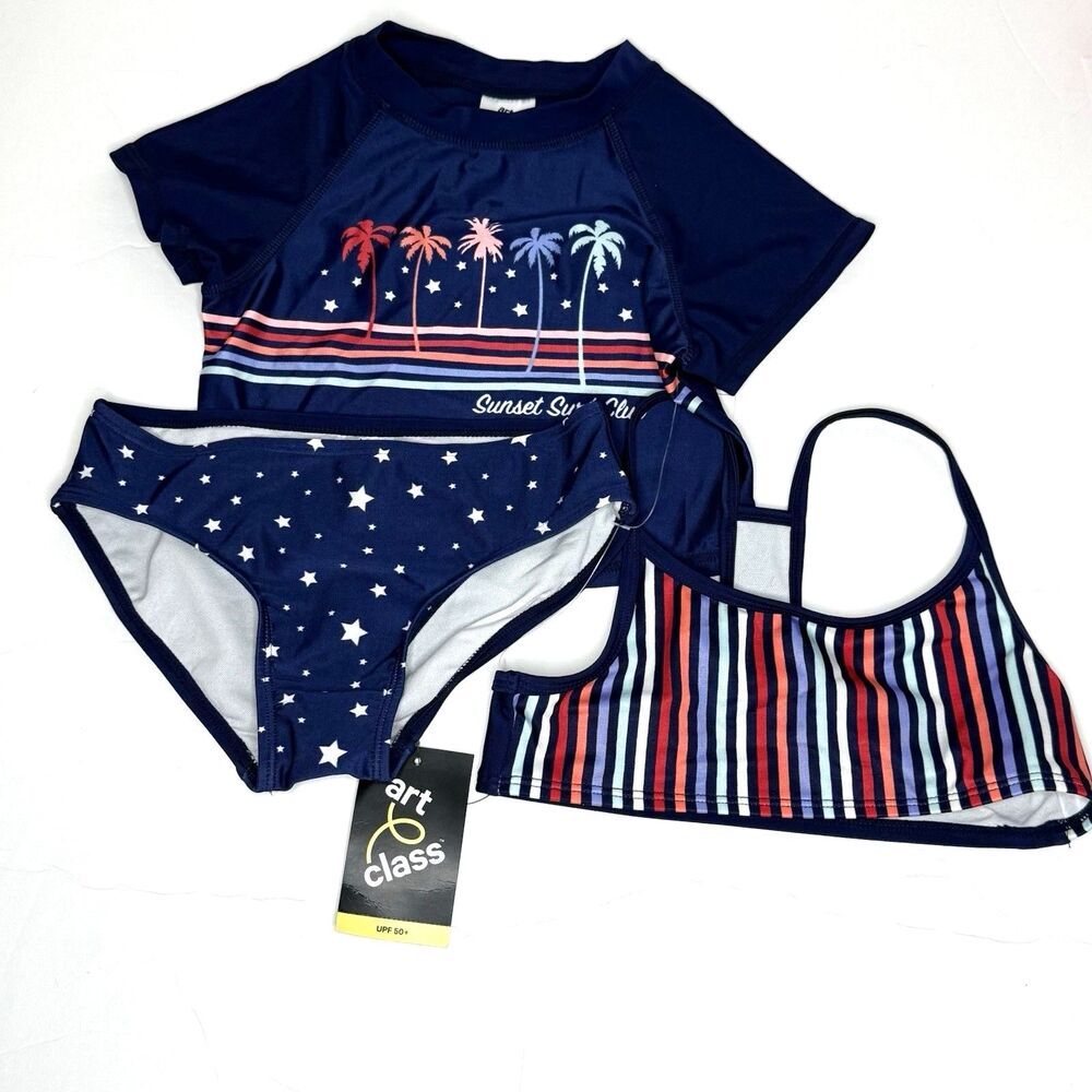 Art Class Girls Stars And Stripes Short Sleeve Rash Guard Swim Set M (7/8) NEW!
